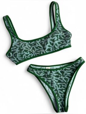 Aerie Green Patterned Bikini Set with Dark Green Trim